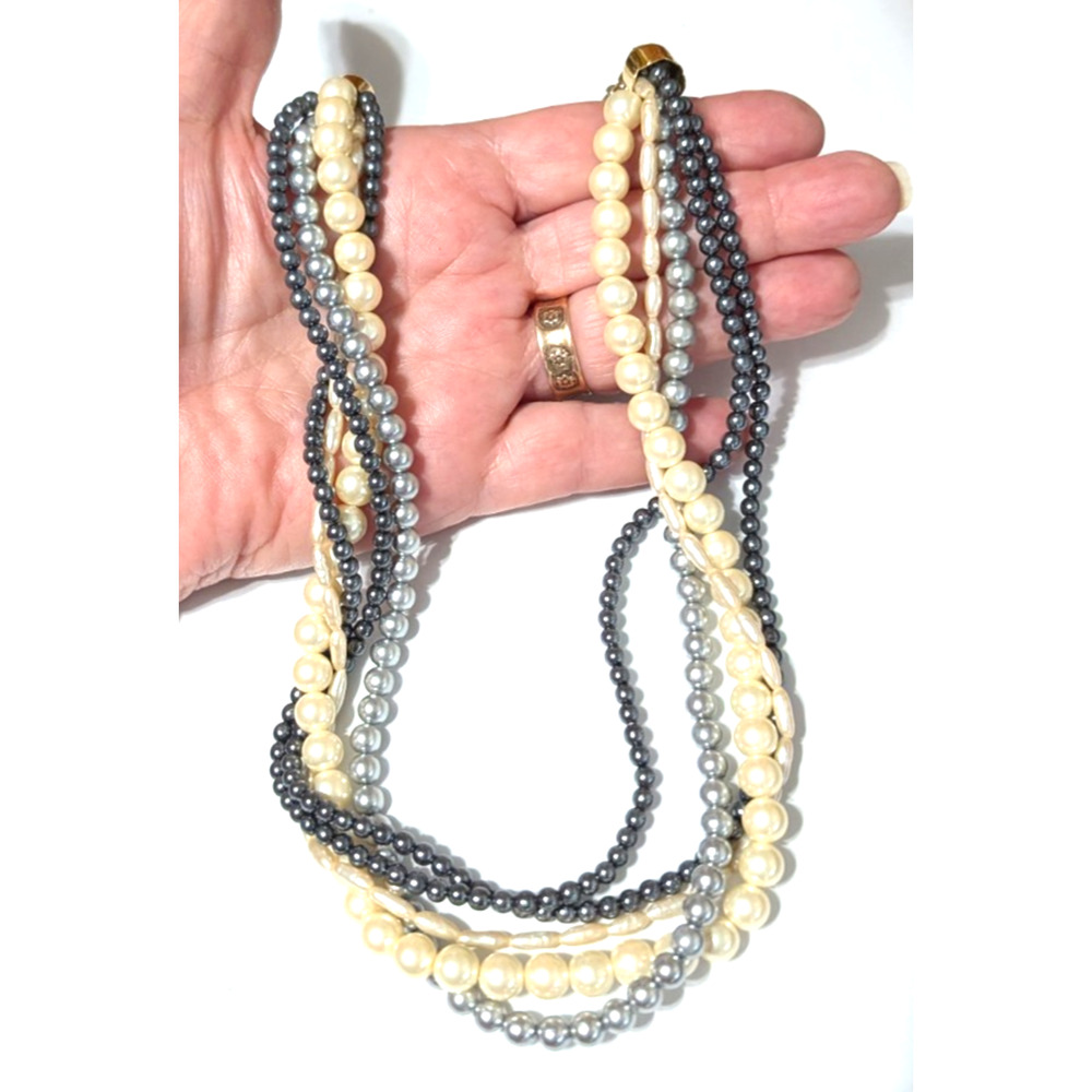 Vintage Faux Pearl Multi-strand Beaded Necklace White Black Gray Torsade‎ bk1-63